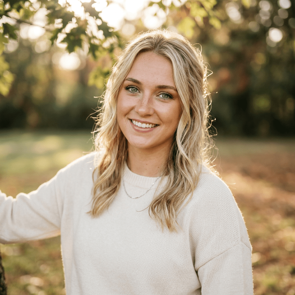 Young woman with blonde hair wearing a cream sweater smiling outdoors.