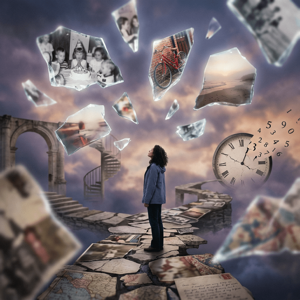 Person standing on a broken stone path surrounded by floating shards showing photos and a cracked clock