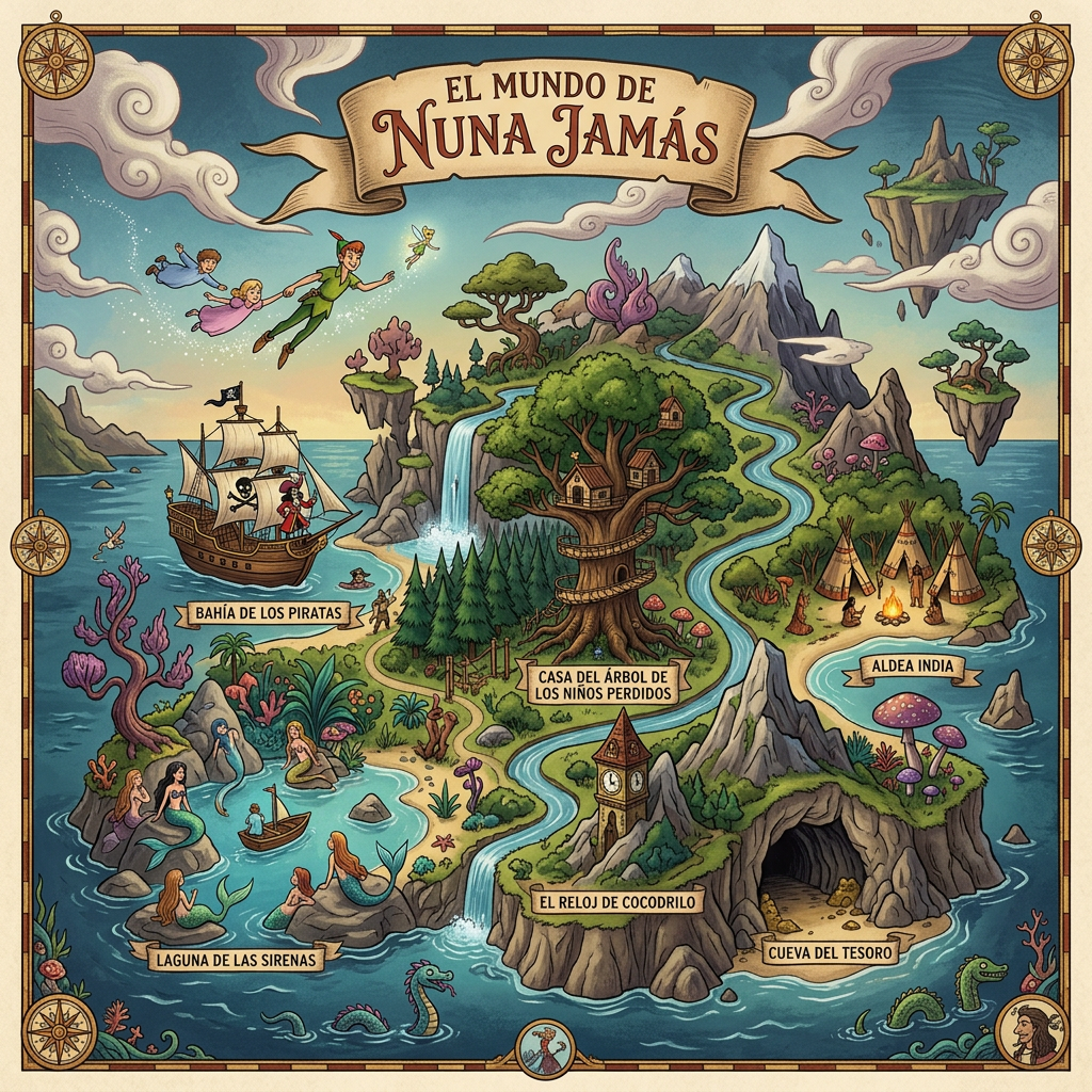 Mapa ilustrado del mundo de Nunca Jamás con Bahía de los Piratas, Casa del Árbol de los Niños Perdidos, Aldea India, Laguna de las Sirenas y otros lugares