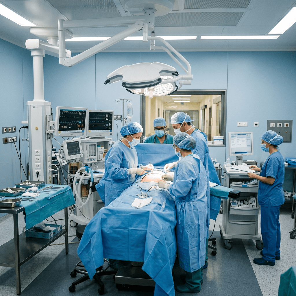 Surgical team performing operation on patient in an operating room with medical monitors and equipment