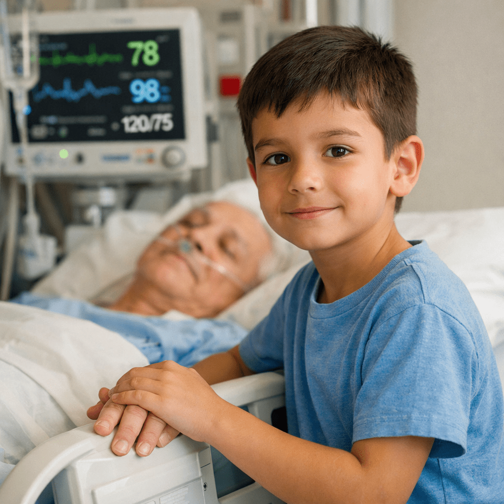 Boy holding elderly patient’s hand in hospital room