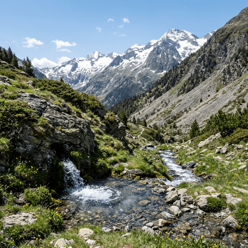 Clear mountain stream flowing through rocky alpine valley with snow-covered mountains