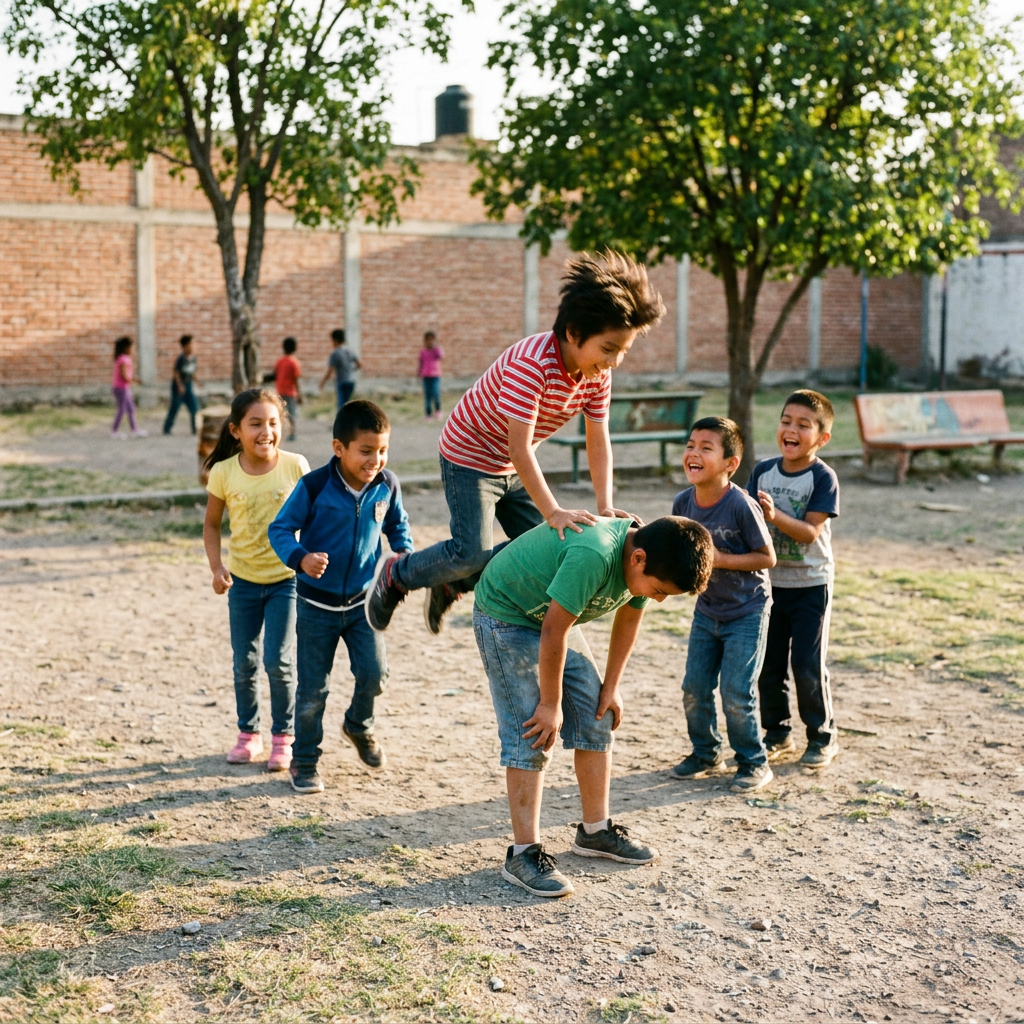 Children playing leapfrog in a sunny outdoor playground