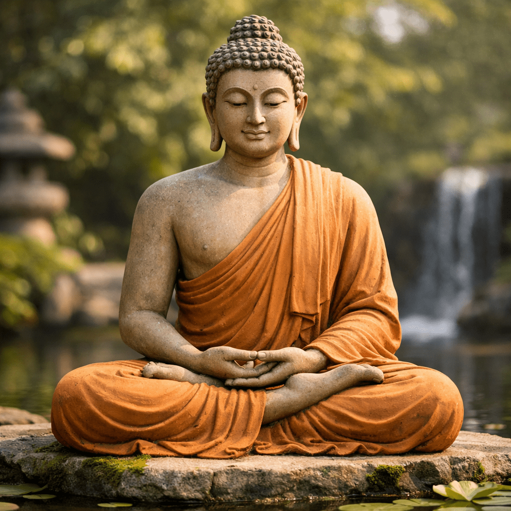 Buddha statue sitting cross-legged with hands in meditation mudra near a waterfall
