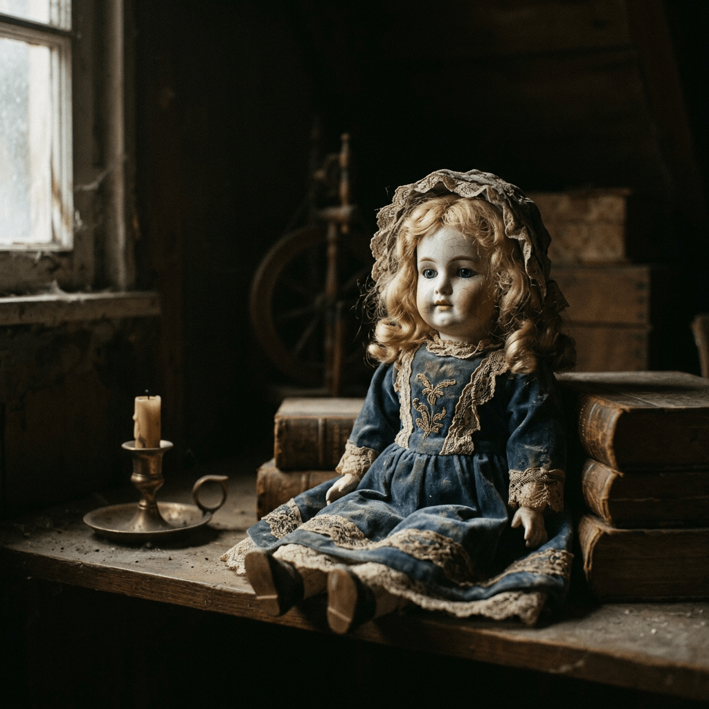 Porcelain doll with blonde curls wearing a blue vintage dress sitting on a wooden surface beside old books and a brass candle holder