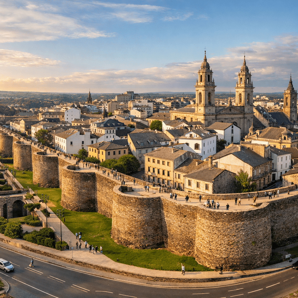 Ancient stone city walls lined with people and historic buildings including a cathedral with twin towers