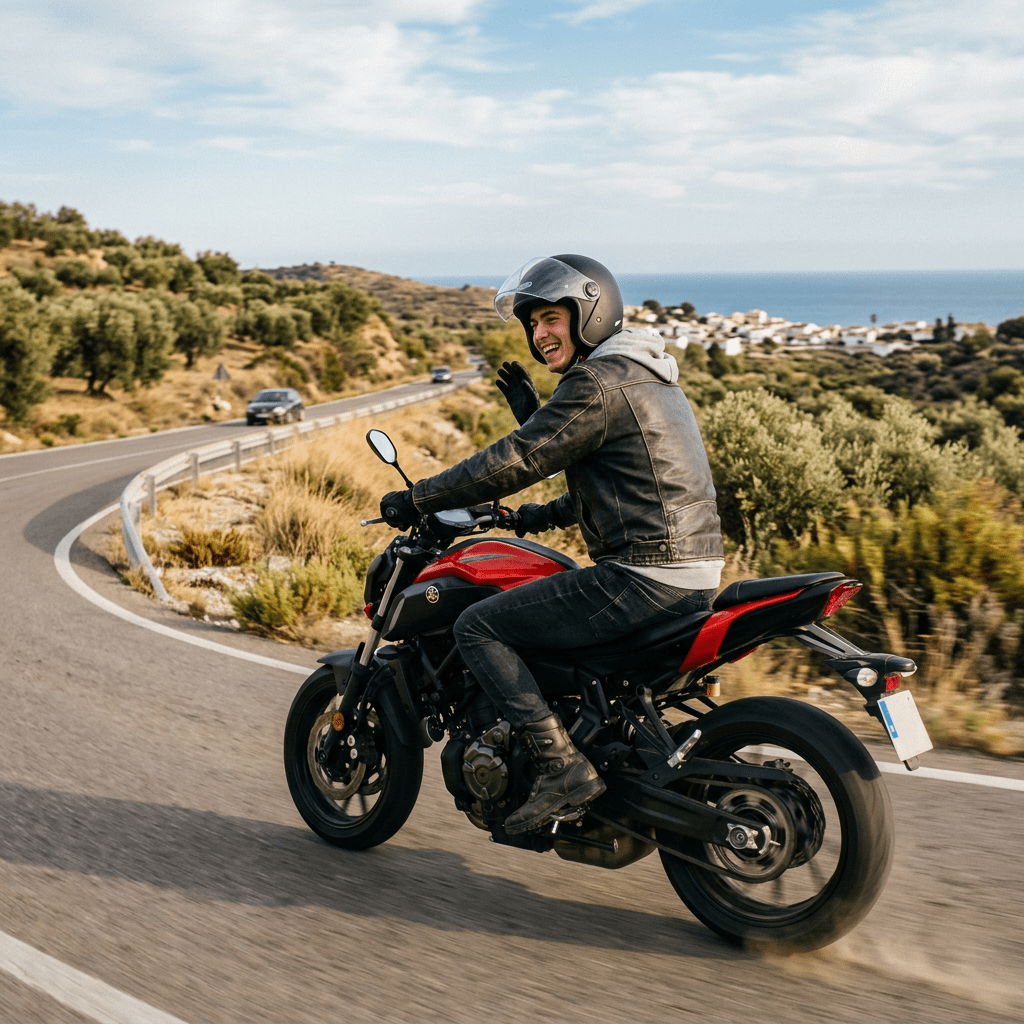 Motorcyclist waving on winding road with coastal landscape