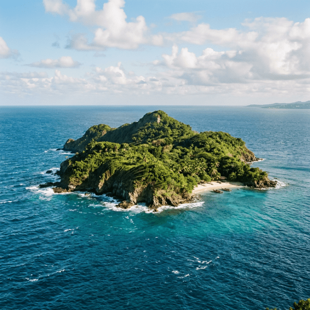Small tropical island with dense green vegetation and a sandy beach with boats