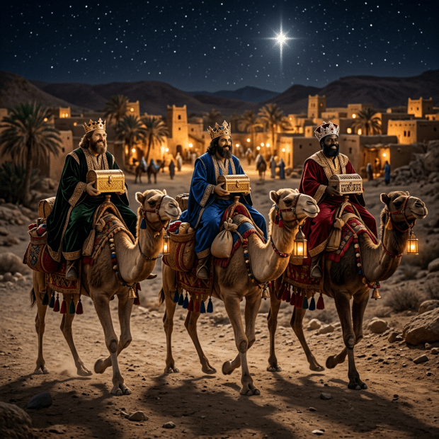 Three kings wearing crowns and robes riding camels, holding gift boxes, under a night sky with a bright star