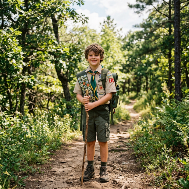 Boy scout in uniform holding walking stick on forest trail