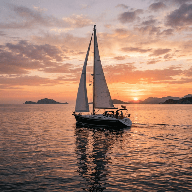 Sailboat on calm sea at sunset with islands in background