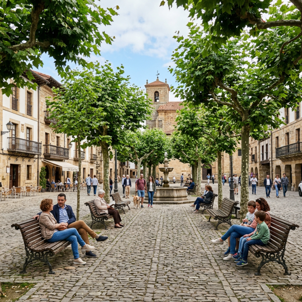 People sitting and walking in a cobblestone town square with trees, benches, and old stone buildings