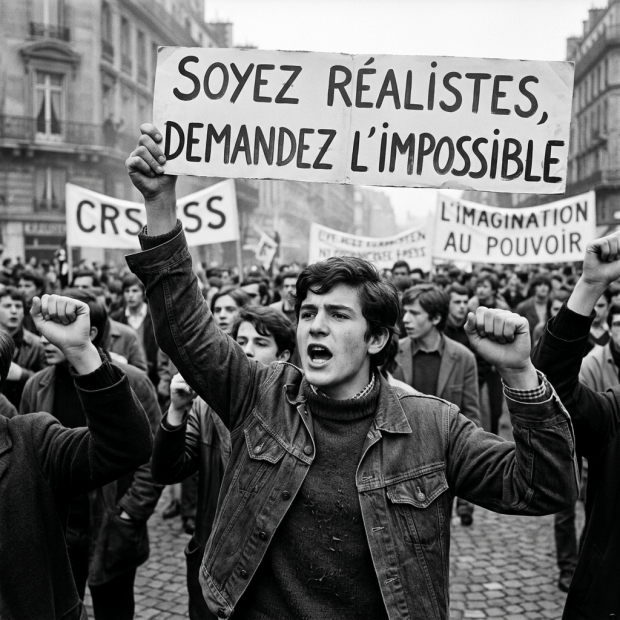 Young man at Paris protest holding sign 'Soyez réalistes, demandez l'impossible'