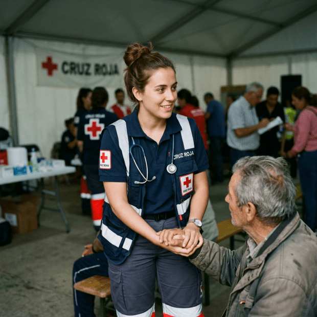 Red Cross volunteer holding elderly man's hand in medical tent