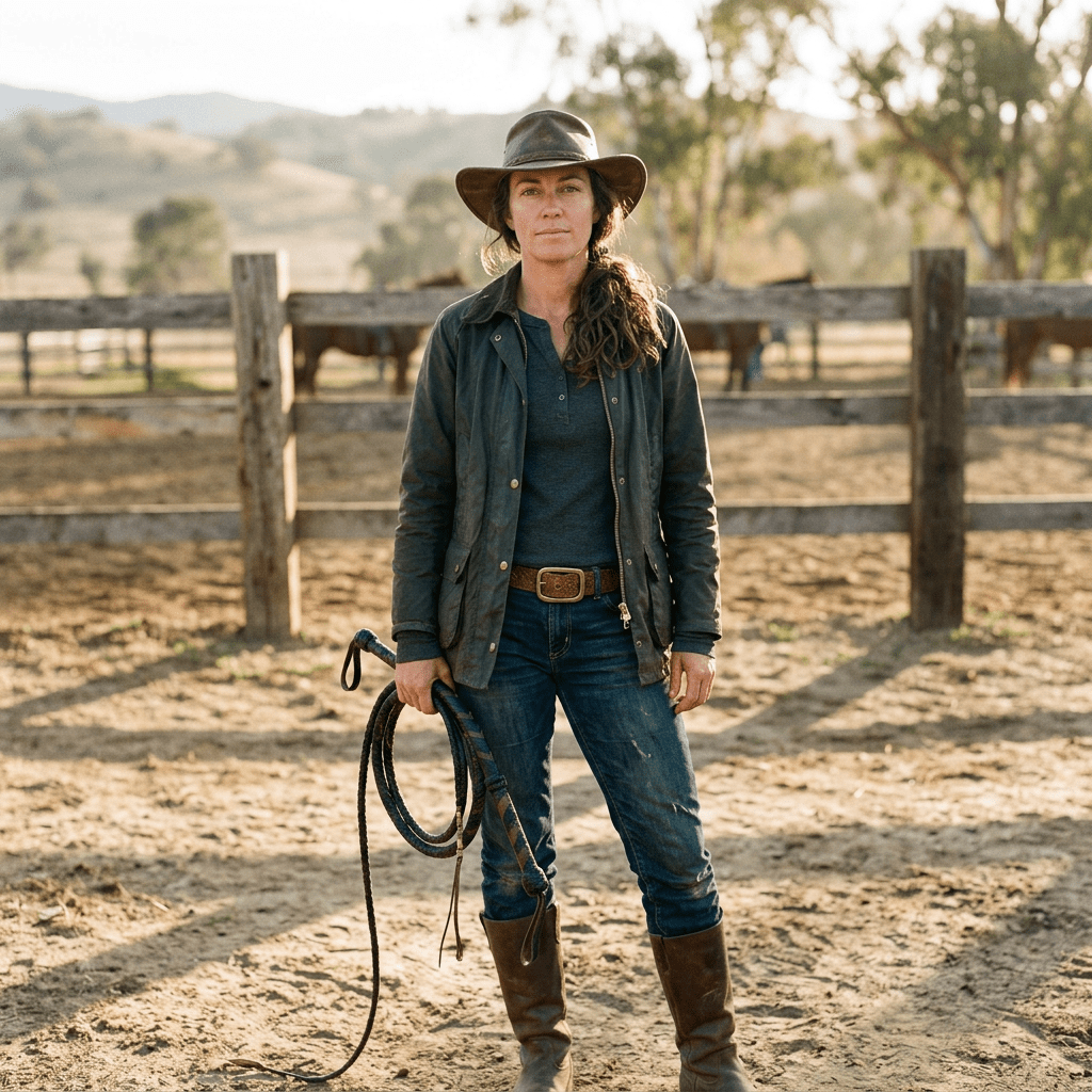 Woman in outdoor attire holding a coiled lasso inside a fenced corral