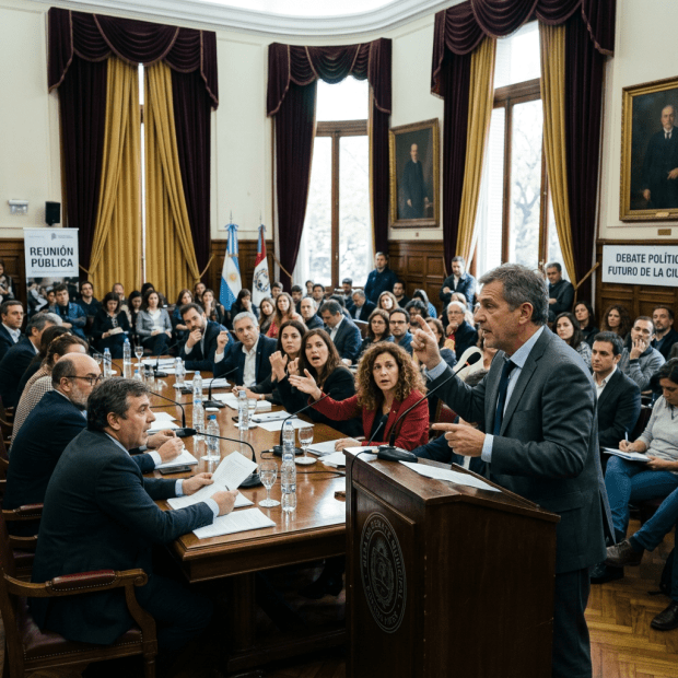 Man speaking at podium during public political debate with audience and officials seated