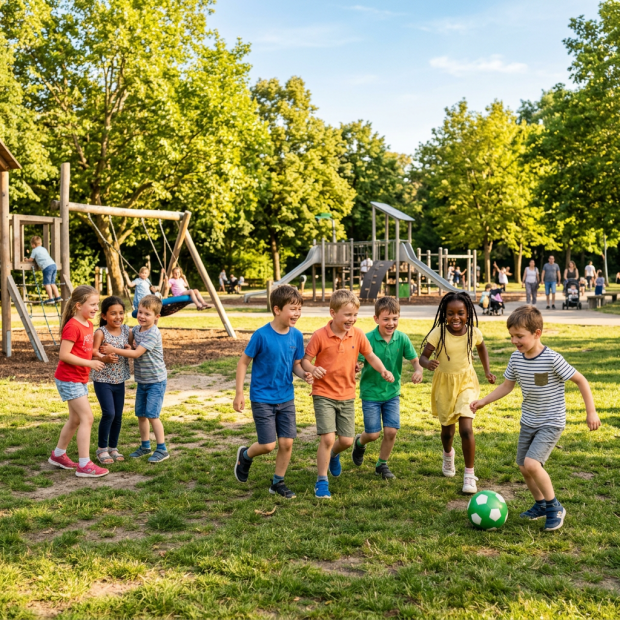 Children playing soccer with a green and white ball on playground grass