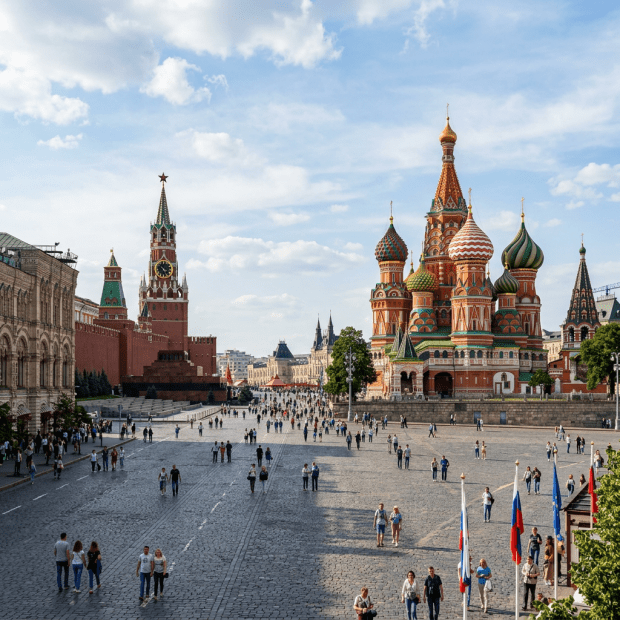 Crowd walking on cobblestone Red Square near Saint Basil's Cathedral and Kremlin clock tower in Moscow