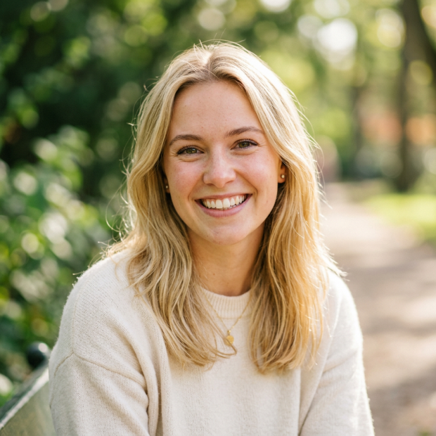 Smiling young woman with blonde hair sitting on a bench outdoors surrounded by greenery