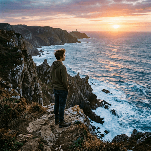 Person in green hoodie standing on cliff overlooking ocean at sunset