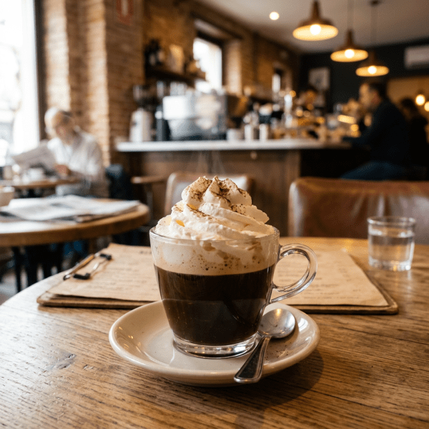 Glass cup of coffee with whipped cream and cinnamon on wooden table with cafe background