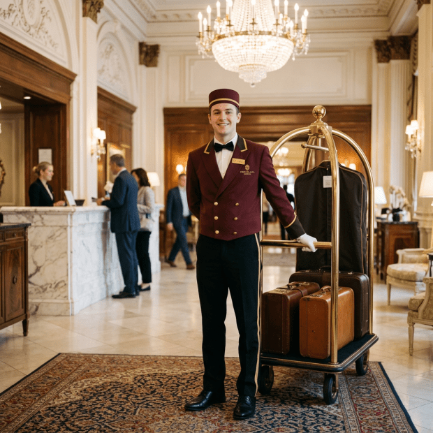 Hotel bellhop in uniform with luggage cart holding suitcases in elegant hotel lobby