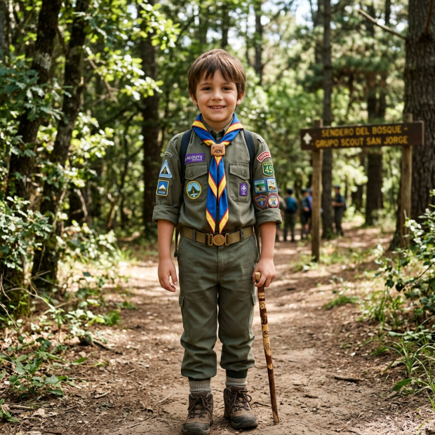 Young boy scout in uniform with badges and neckerchief holding a walking stick on a forest trail.