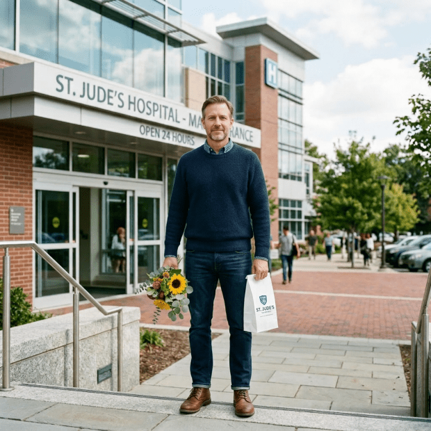 Man holding bouquet and hospital gift bag outside St. Jude's Hospital main entrance