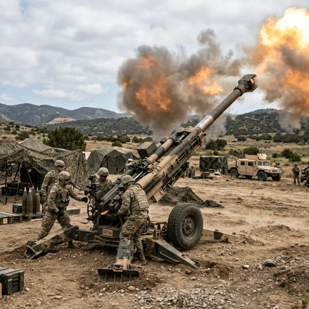 Soldiers firing a large howitzer artillery gun with flames and smoke from the barrel