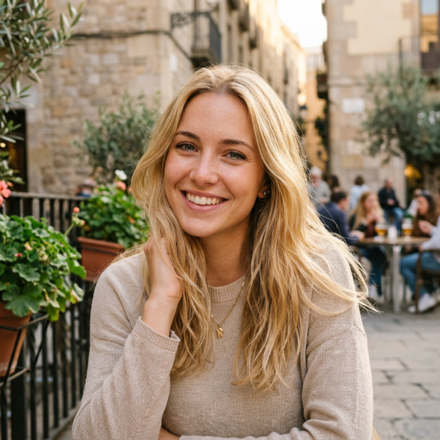 Young woman with blonde hair smiling sitting at an outdoor café with people and plants in the background