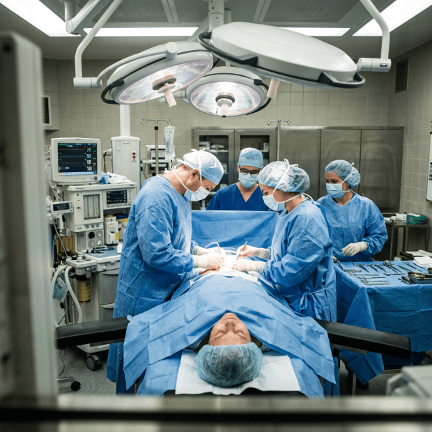 Surgical team in blue scrubs and masks performing surgery on patient under bright operating lights