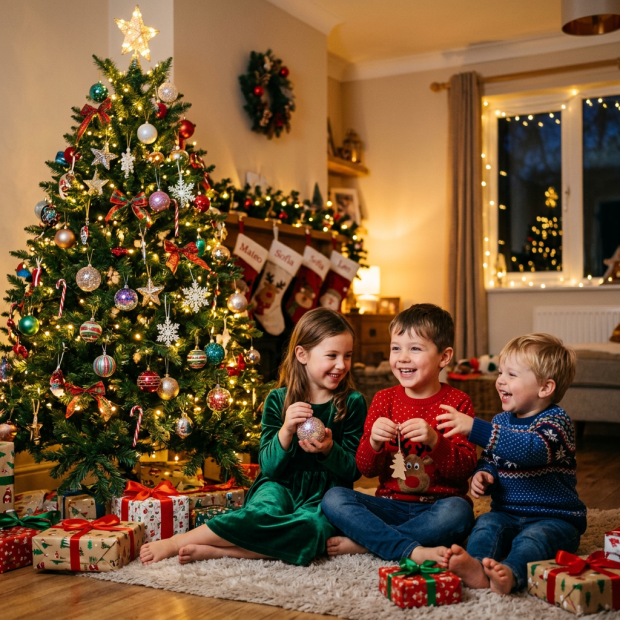Three children sitting by a decorated Christmas tree with wrapped presents
