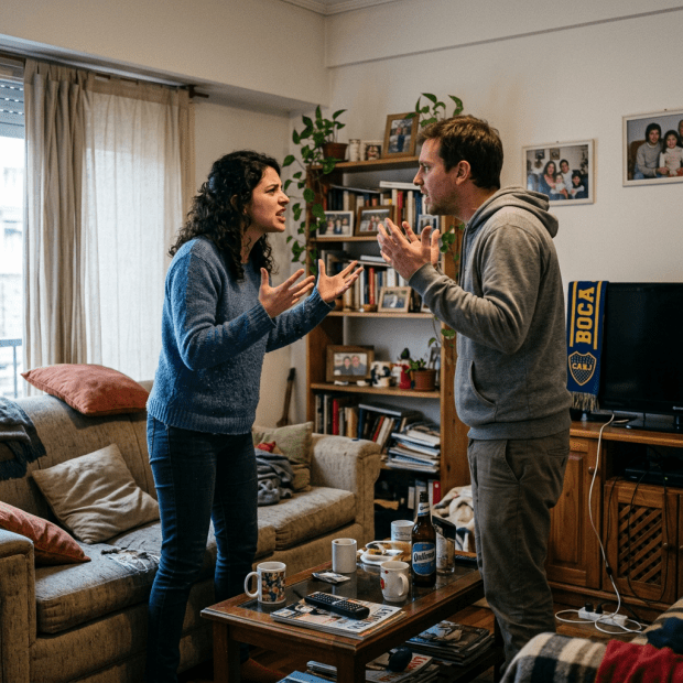 Man and woman arguing with raised hands in living room