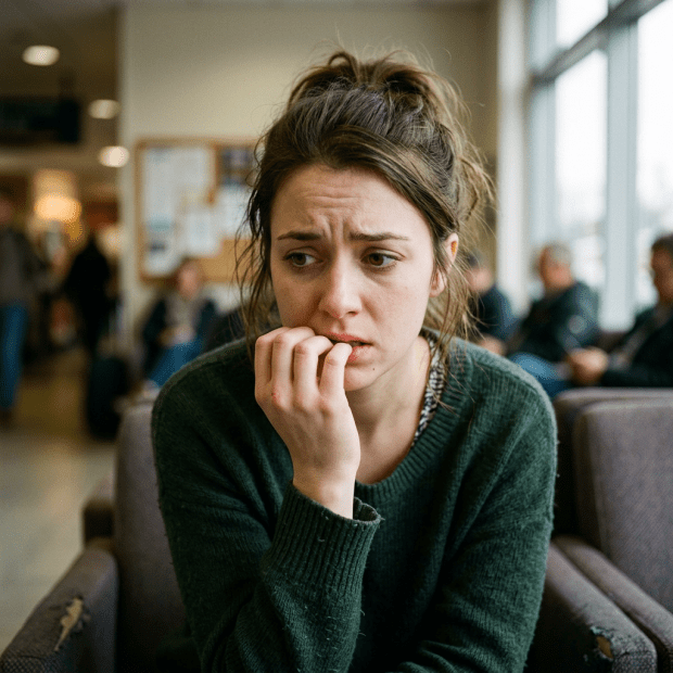 Young woman with worried expression biting nails in a waiting room.