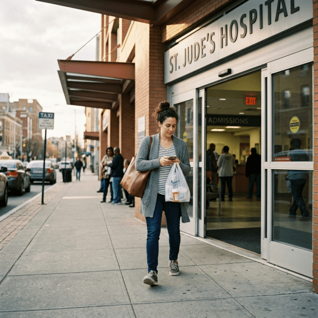 Woman exiting hospital entrance with prescription bag and phone