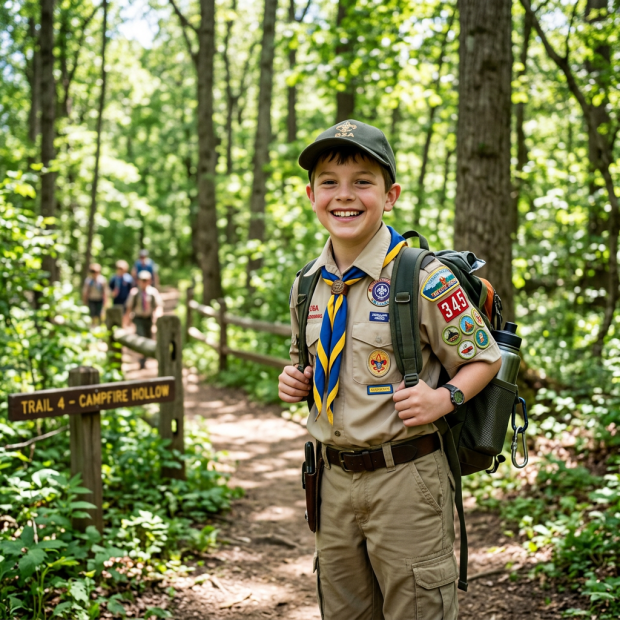 Boy Scout smiling on a forest trail with backpack and uniform badges