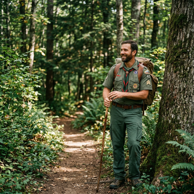 Boy Scout in uniform carrying backpack and walking stick on forest path