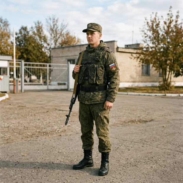 Russian soldier in camouflage uniform standing with rifle outside building