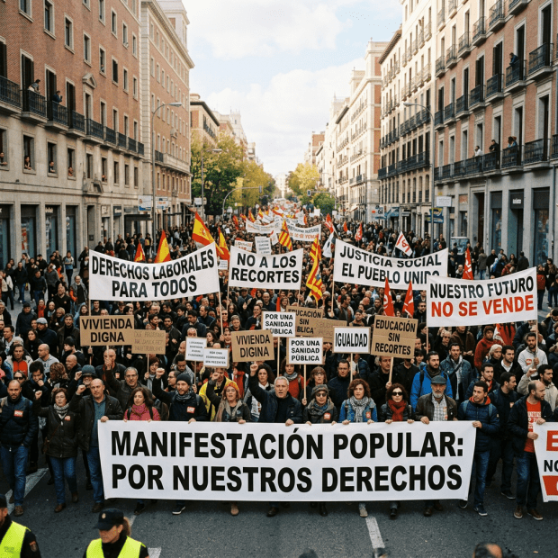 Large crowd protesting with banners advocating for labor rights, social justice, and public services in a Spanish city street.