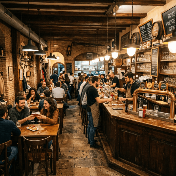 People socializing and drinking beer at a rustic bar with wooden furniture and warm lighting