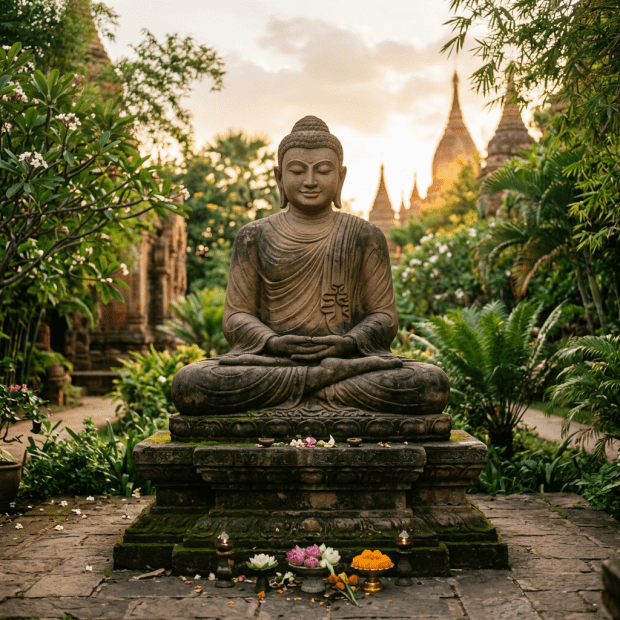 Stone Buddha statue sitting cross-legged with flowers and candles in a garden temple at sunset