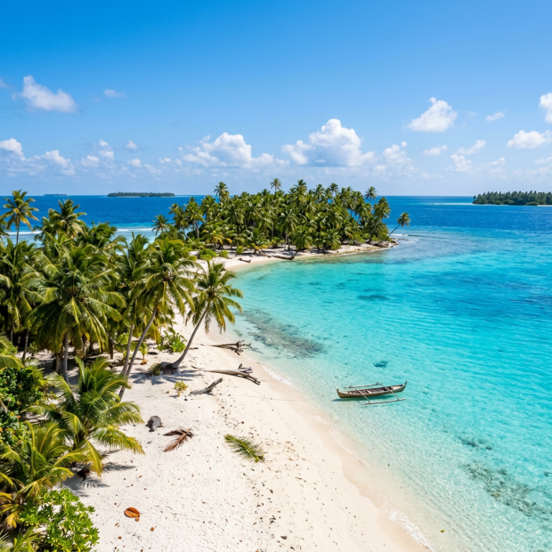 Tropical island with white sandy beach, palm trees, and clear turquoise ocean