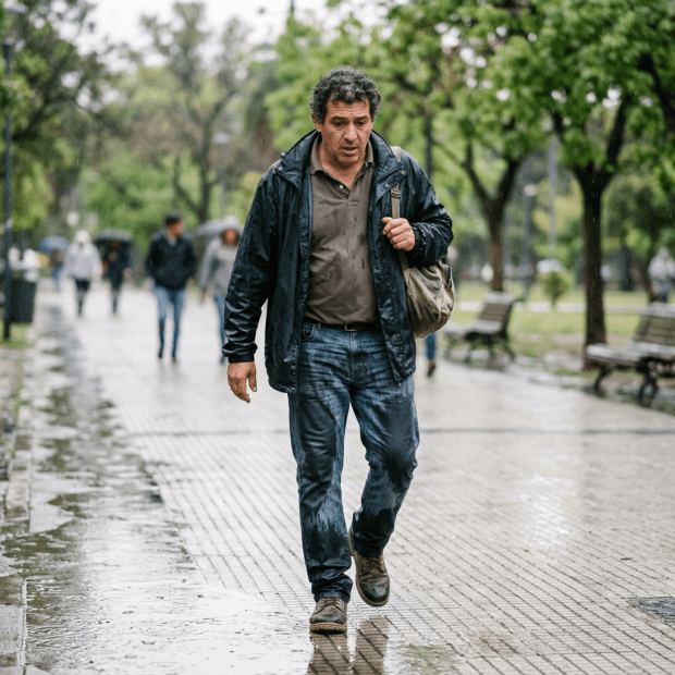 Man walking on wet pathway in park with wet clothes and bag