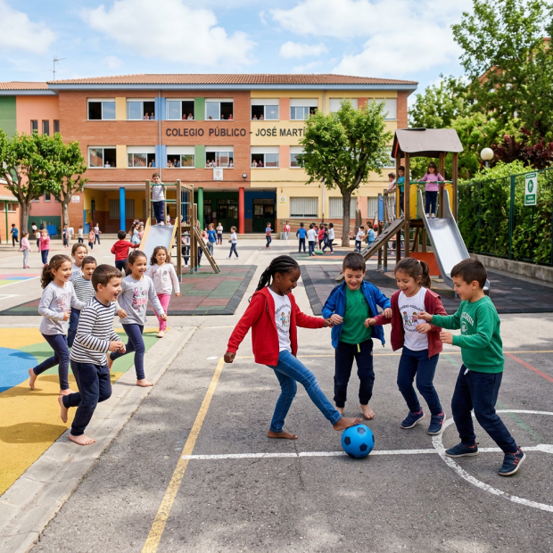 Group of children playing soccer with a blue ball on a school playground