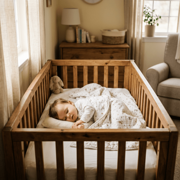 Baby sleeping soundly in a wooden crib with a blanket and stuffed bunny toy