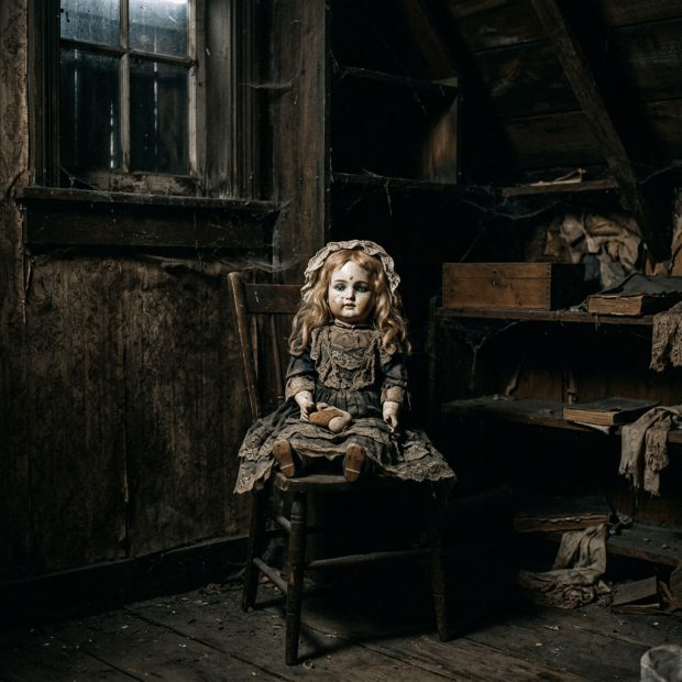 Porcelain doll with lace dress sitting on wooden chair in dark attic