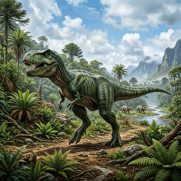 Tyrannosaurus rex walking in dense prehistoric jungle with two triceratops near river