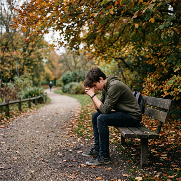 Young man sitting on park bench with head resting on clasped hands