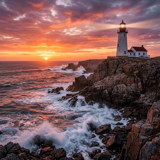 Lighthouse on rocky coastline with waves and colorful sunset sky