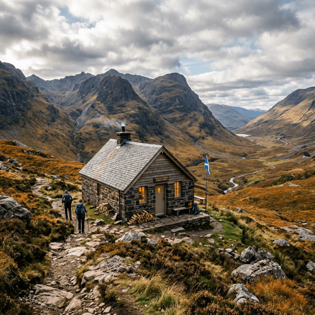 Stone bothy with glowing windows in a mountainous valley with two hikers on a rocky path